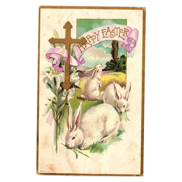 Vintage Easter Postcard With Rabbits Cross 1909 Posted One Cent Religion Antique - Picture 1 of 2